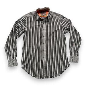 Robert Graham Shirt Adult SMALL Gray Black Striped Plaid Contrast Trim Flip Cuff